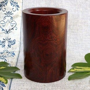 老红木深色笔筒缅甸红酸枝木雕装 10cm 饰摆件高档收藏品鬼脸纹15