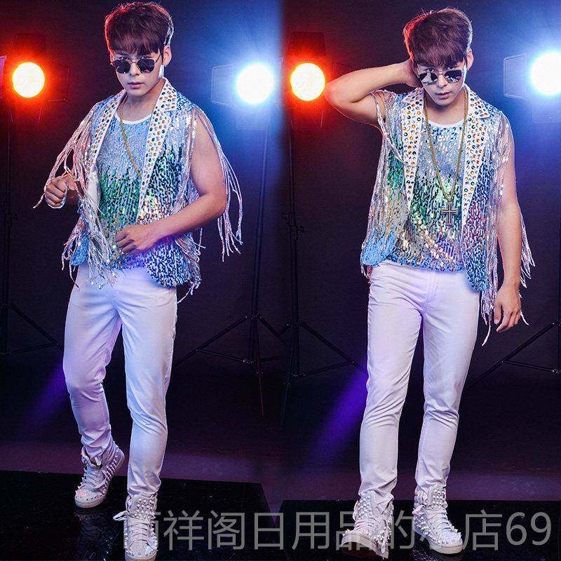 正品男歌手夜店酒吧架子鼓DJ演出服装个性流亮水潮苏晶钻马甲裤套