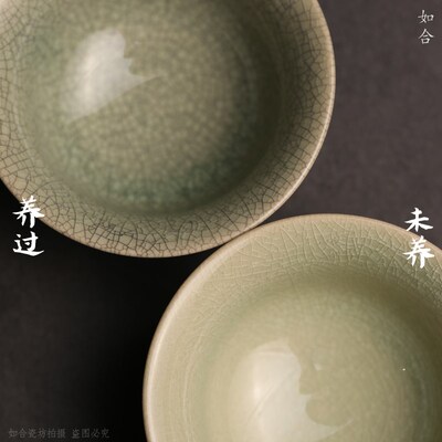 老枫溪瓷器 豆青开片釉茶杯普洱主人杯纯手绘陶瓷厚实可养品茗杯