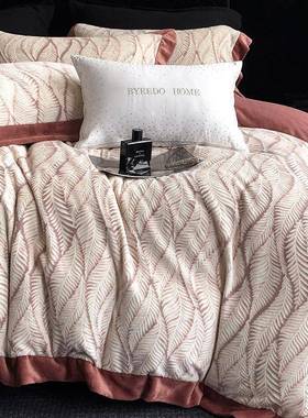 冬季保暖煦暖绒四件套轻奢风雕花加厚双面绒1.2m被套床品紫砂蓝色