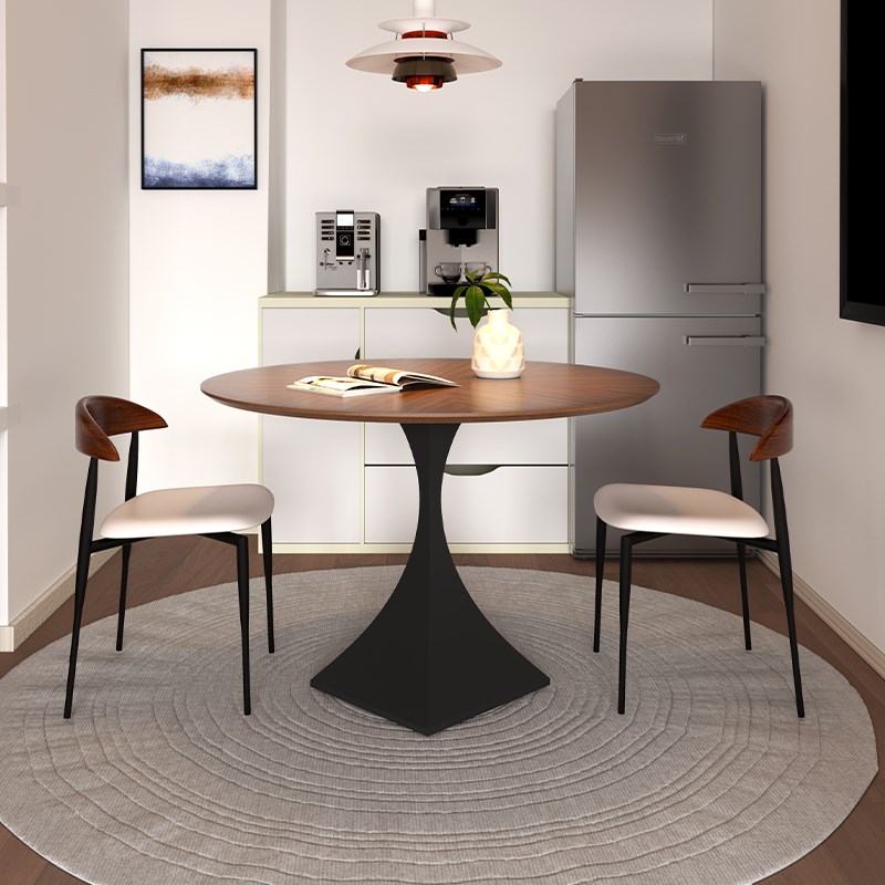 法式复古实木圆餐桌黑胡桃木圆形餐桌中古风小户型圆桌餐桌椅组合