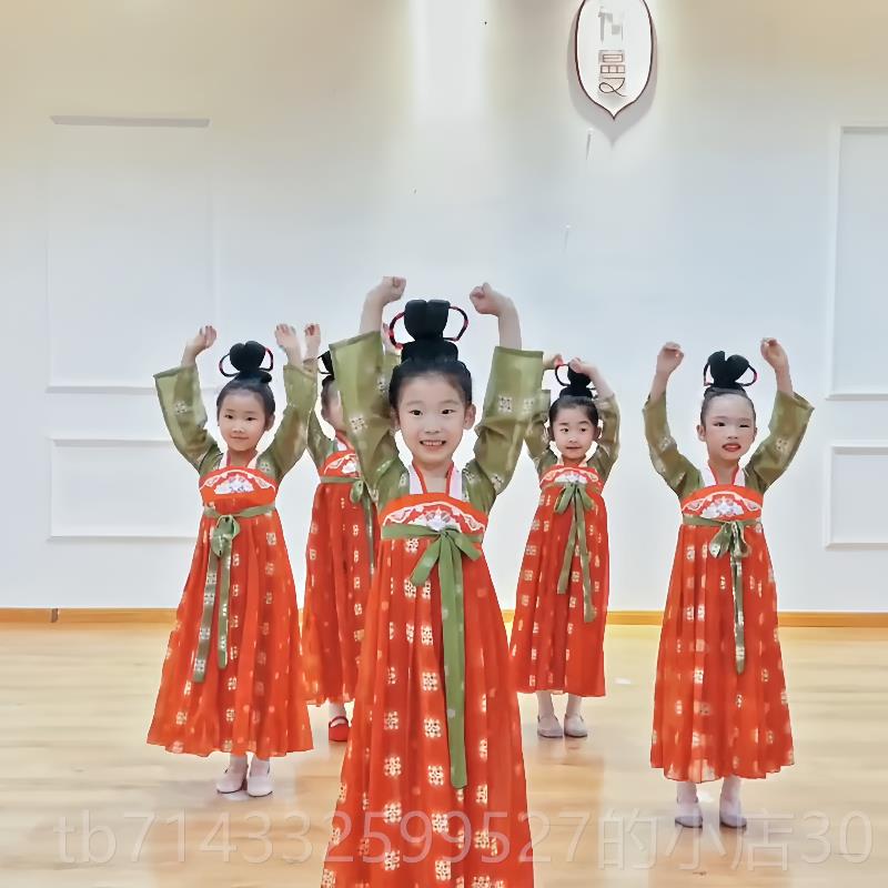 高档童小唐俑舞蹈演出服女装童汉儿服古舞唐宫夜宴执镜俑舞台中国图片