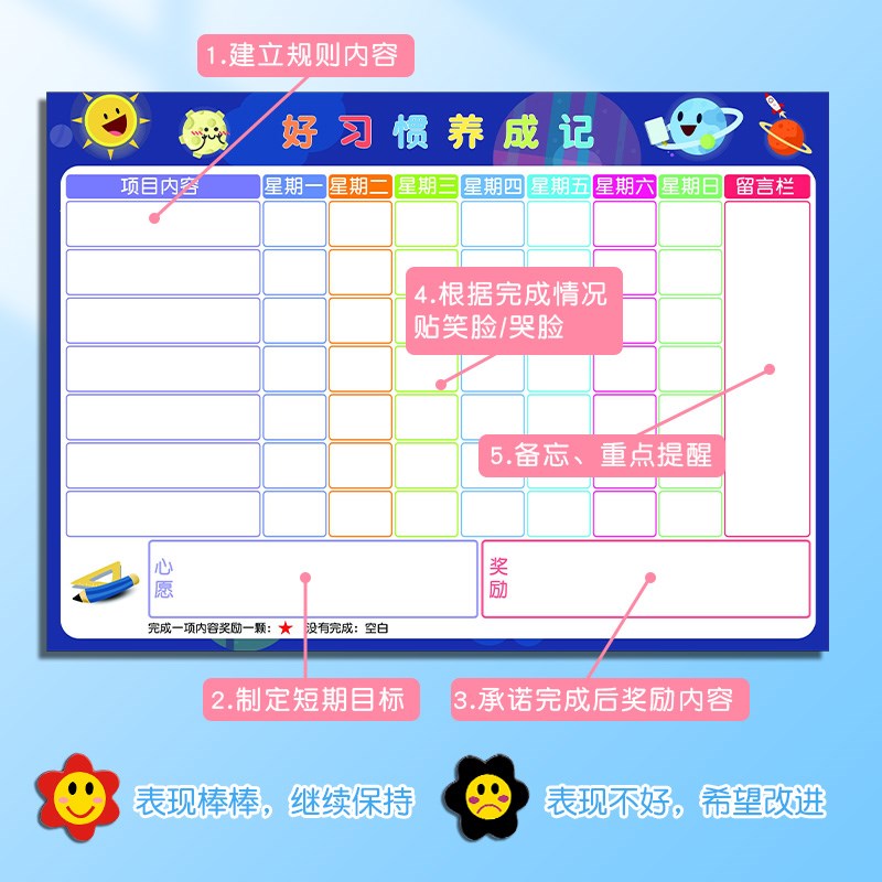 儿童成长自律表奖励墙贴可移除不伤墙铁性幼儿好习惯打卡小学生暑