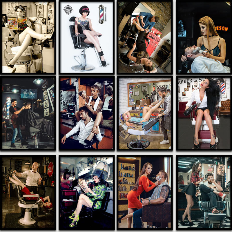 理发店装饰画美发店个性墙壁画男士油头挂画发型图片发廊美女海报