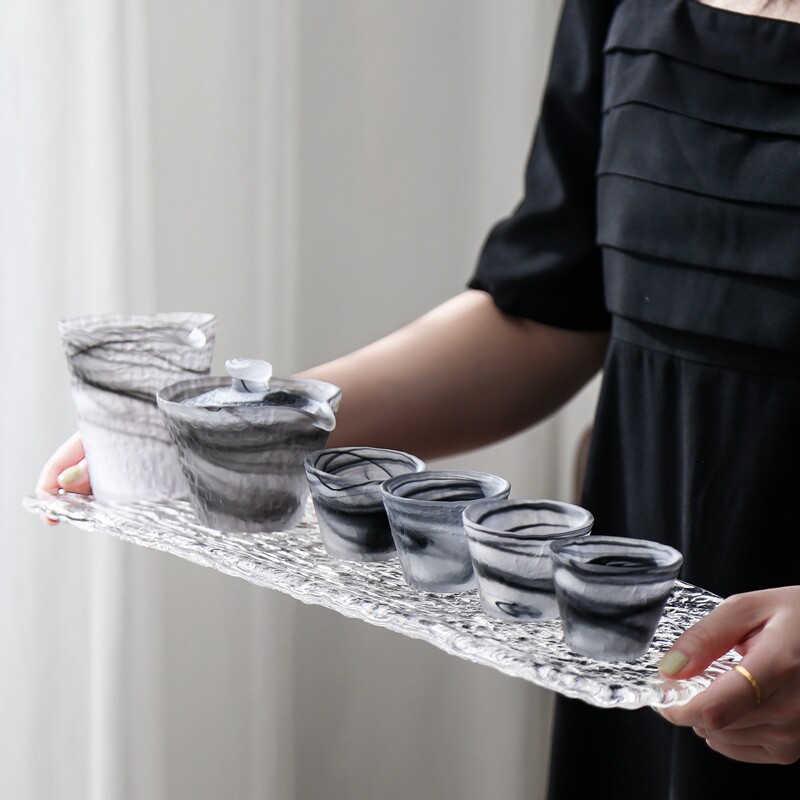 水墨琉璃盖碗茶杯套装加厚三才茶碗家用大号耐热泡茶玻璃功夫茶具