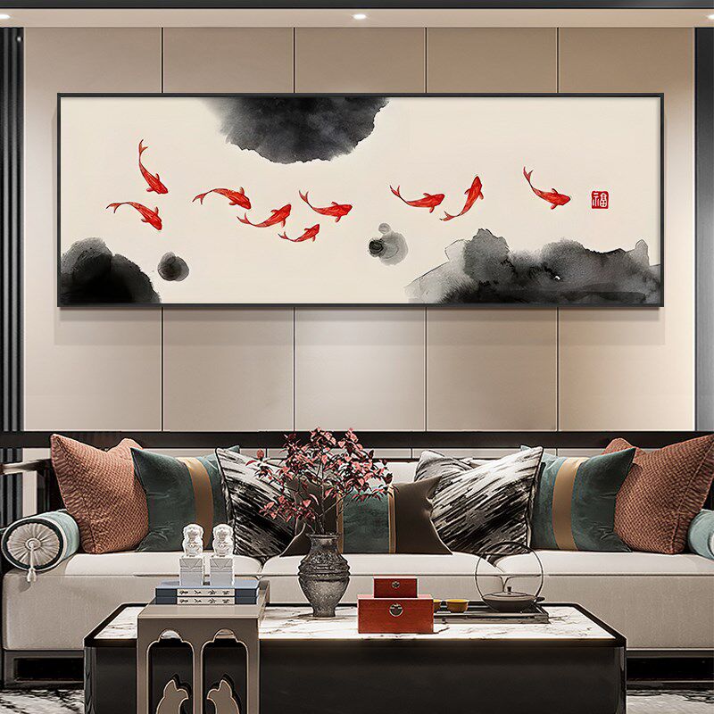 九鱼图水墨装饰画客厅沙发横幅挂画玄关寓意好竖版长条壁画带框画