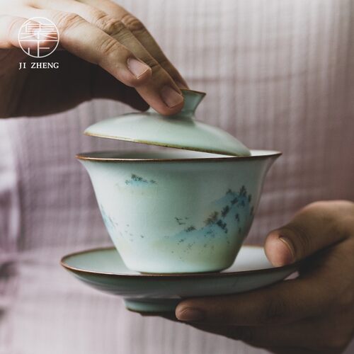 集正 古风汝窑三才盖碗 老岩泥粗陶插画功夫茶具泡茶杯敬茶碗单个