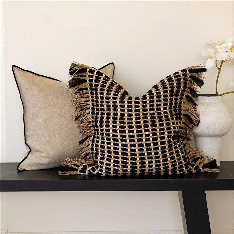 中古侘寂风亚麻手工编织大靠枕高级抽须抱枕沙发飘窗靠包腰枕套