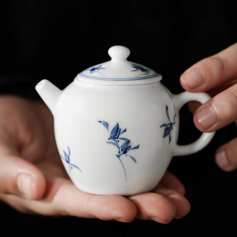 釉下纯手绘茶壶 猪油白陶瓷兰花防烫主泡壶 家用茶具泡茶壶泡茶器