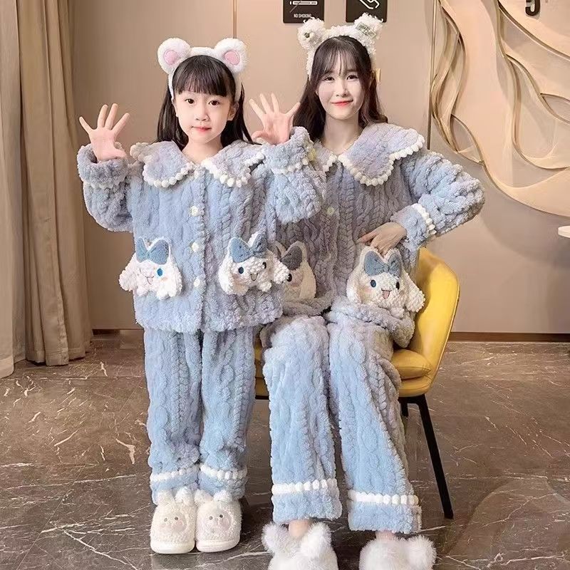 2025秋冬加绒加厚珊瑚绒睡衣女宝宝开衫法兰绒女童家居服套装