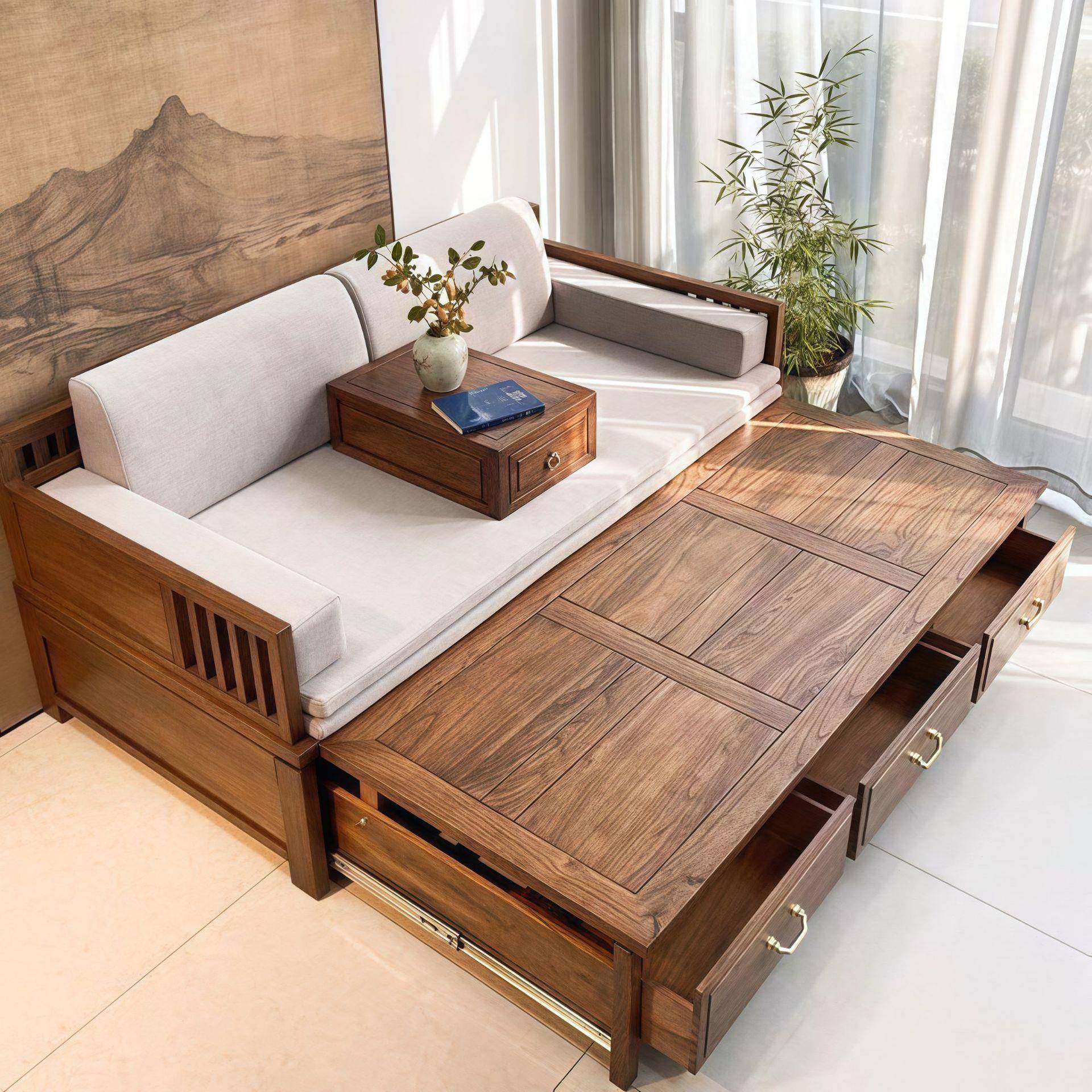 推拉实木罗汉床实木老榆木新中式榫卯抽拉伸缩沙发床