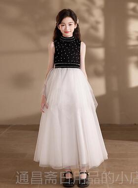 高档钢琴演奏服女童黑色显瘦大公礼主演出礼裙服儿童主持表演中童