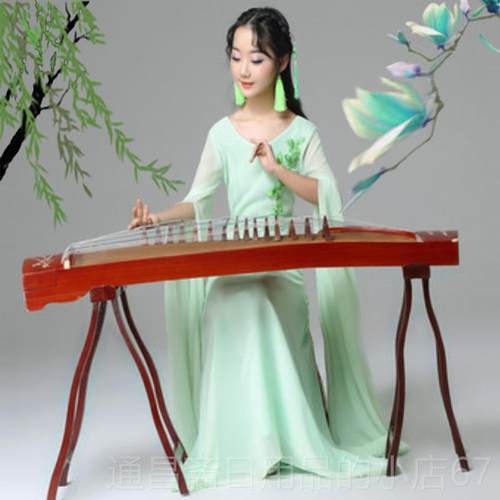 高档女童、中老年儿童古筝袖表演服装，季红色夏中古典新拖式尾淡