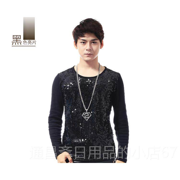 高档亮片 男士修身 长舞袖T恤 D夜店男歌手S 时尚服演出台服表演