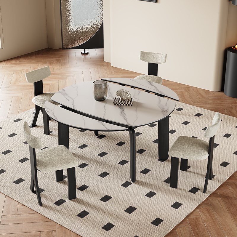 法式复古伸缩岩板餐桌可变圆桌小户型白蜡木高端中古风实木餐桌