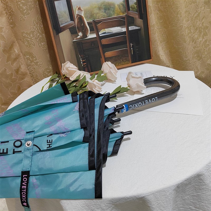 捡漏款出日韩单直骨长柄伞清新可爱英文图案设计半自动纤维防风骨