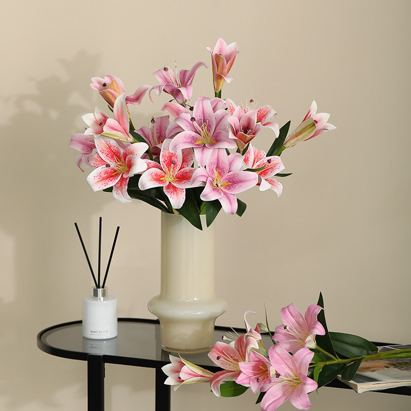 3D手感仿真百合花家居客厅餐桌摆件假花绢花装饰插花拍照道具花束