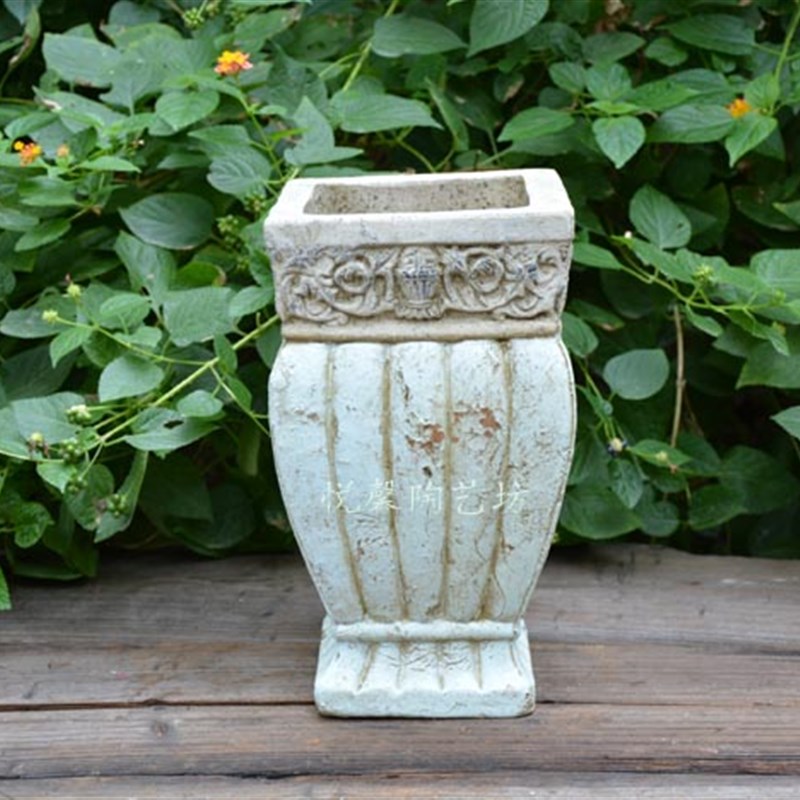 欧式风格陶艺花器 高方 浅蓝色 粗陶做旧 复古 陶器 花盆 陶盆