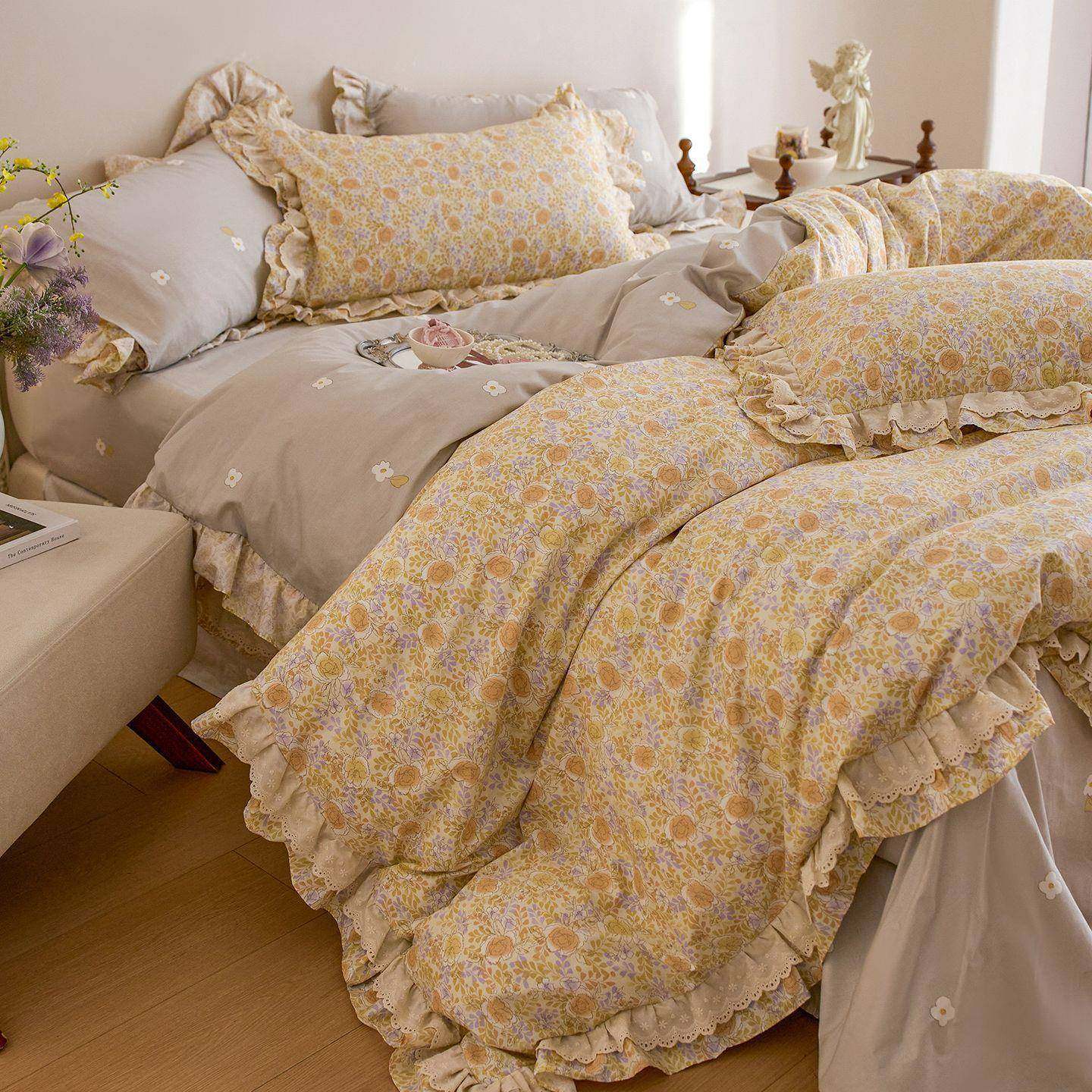 韩式全棉床上四件套100纯棉花被套公主风床单四季被套三件套床品