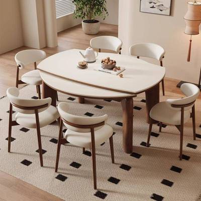 大象腿餐桌黑胡桃色法式中古实木岩板伸缩餐桌可变圆桌折叠小户型