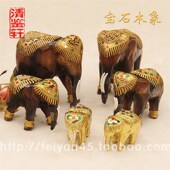 泰国特色手工艺马象四面用品实木大象宝石木象金色摆件