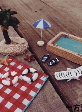 场景模型仿真微缩迷你小游泳池椰子树沙滩躺椅微景沙盘道具摆件