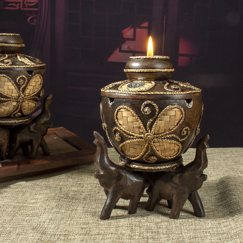 客厅装饰烟灰缸泰式风格复古中式创意木质烛台摆件2022新款烟缸