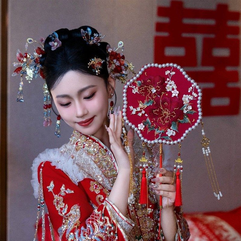 团扇新娘结婚diy材料秀禾喜扇婚扇中式扇子成品高级新婚出嫁双面