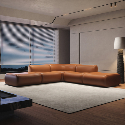 模块组合沙发头层牛皮大小户型客厅复古侘寂风直排转角无扶手沙发