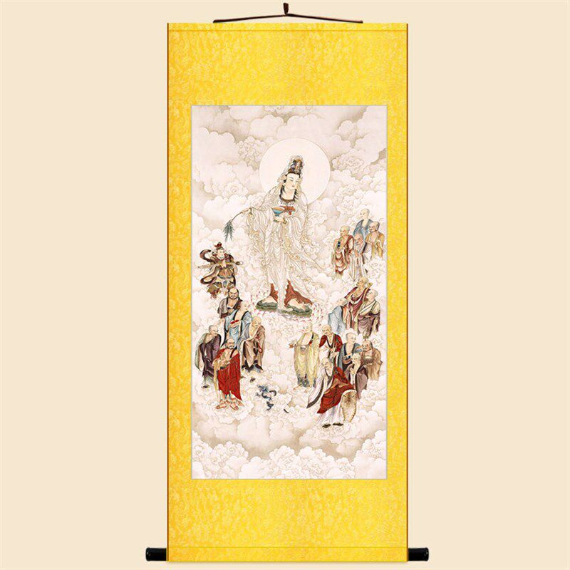 观音菩萨普甘露图 韦驮菩萨十八罗汉画像绢布卷轴挂画 装饰画定制