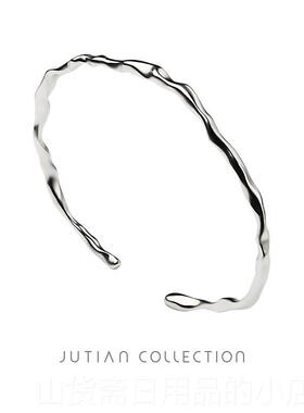 高档JTIAN U纯银手镯女INS个性潮简约凸不规凹面女细款百搭银则饰