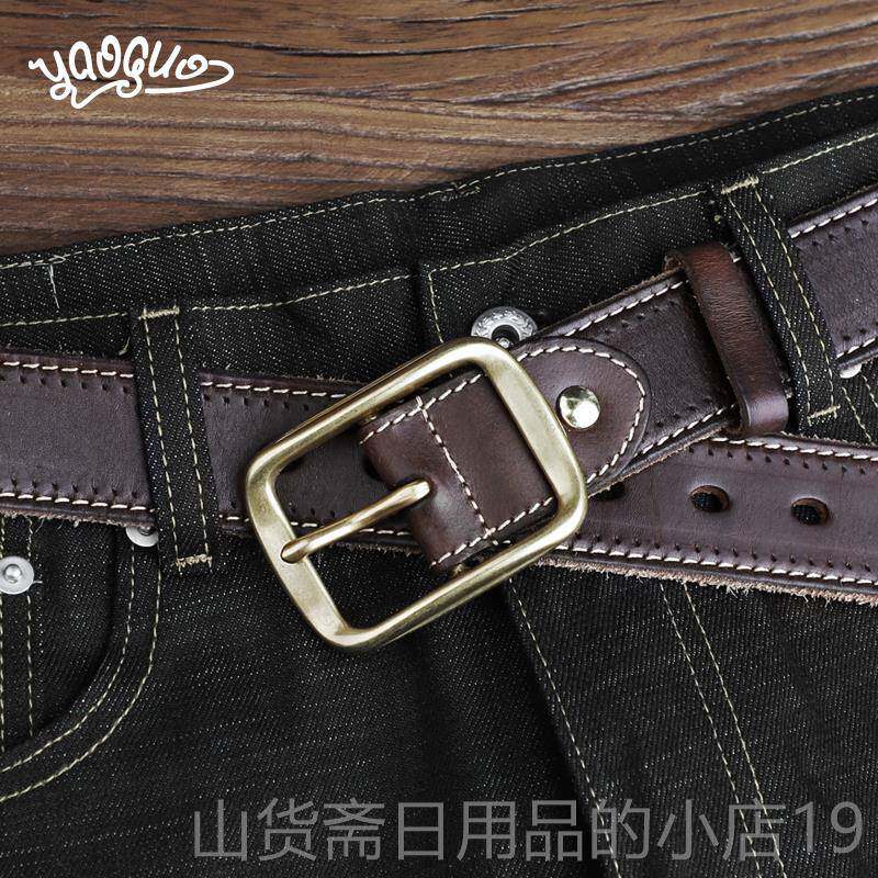 高档手工Ami卡其真带男士的皮别针扣带纯层牛皮覆古牛仔皮裤青年