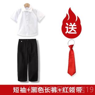 园童白短袖 幼儿儿童女纯白纯棉衬衫 衫 套装 表演衬 及黑裤 高档男童