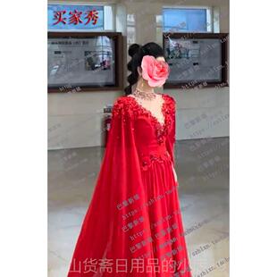 高档202款 年春晚歌唱比5赛音乐会会演出 白色V领性新感透明长水袖