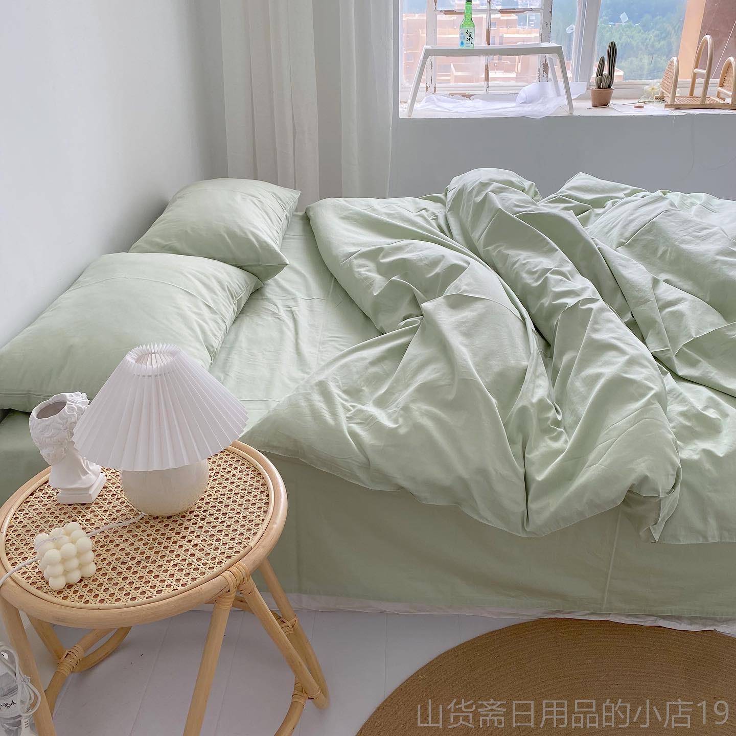高档薄糖三！韩国ins网红清新件浅绿纯色全棉荷床单被套四套床笠