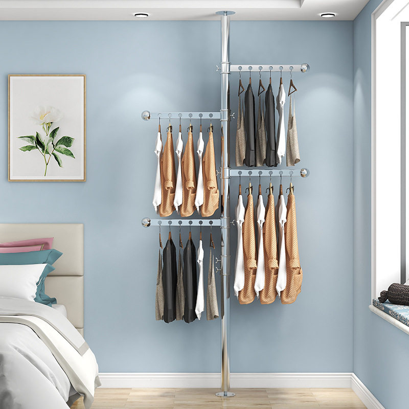 顶天立地晾衣架不锈钢置地卧室内阳台免打孔伸缩折叠挂晒衣帽升降