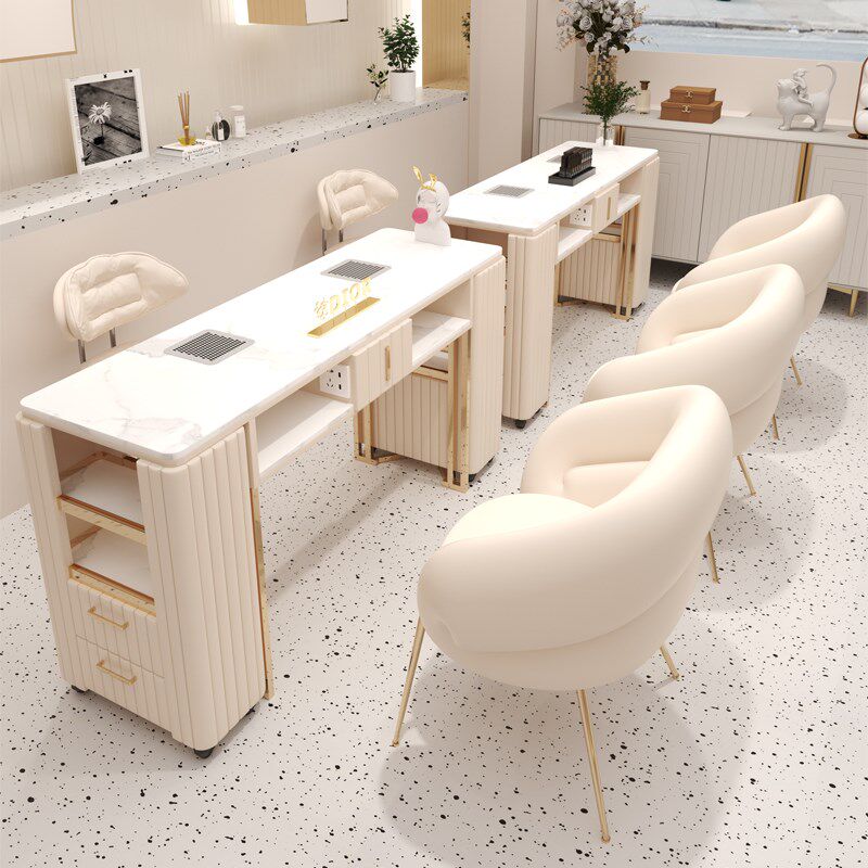 铁叮当多功能皮质美甲桌椅套装岩板修甲台自带吸尘器插座易打理