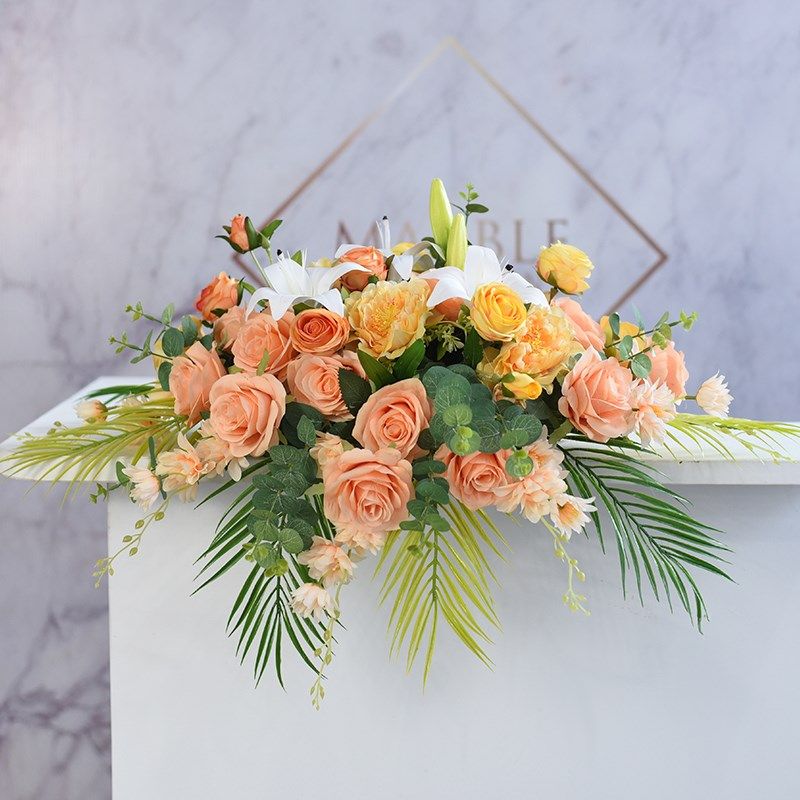 会议桌摆花发言台演讲台花仿真花公司前台摆件签约桌花迎宾签到花