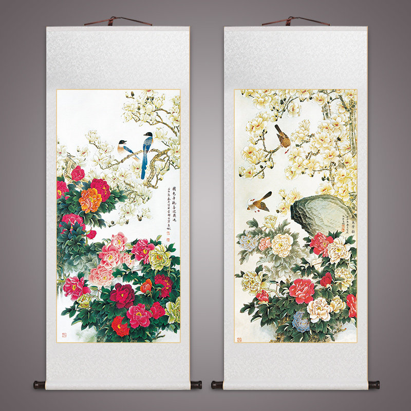 花开富贵玄关画牡丹国画花鸟卷轴挂画中式客厅装饰画书房茶室壁画
