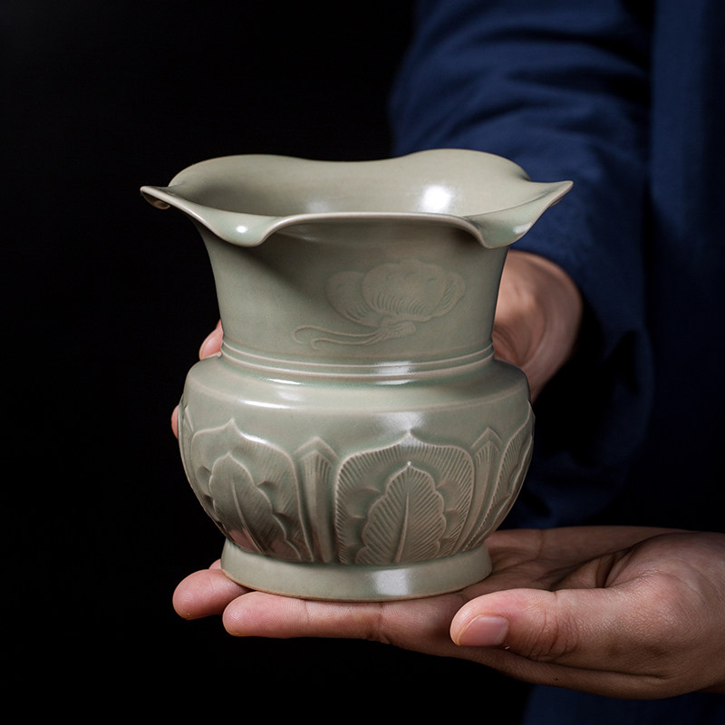 越窑青瓷秘色釉茶渣缸陶瓷茶道杯洗建水花瓶两用茶具配件渣斗茶洗
