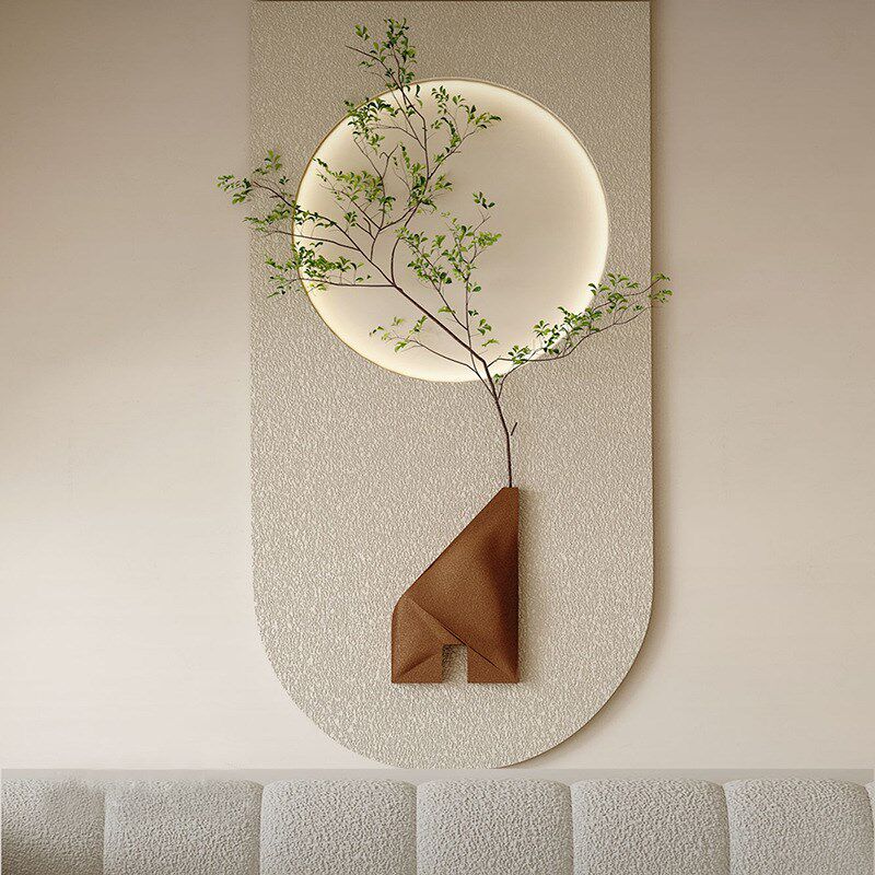 侘寂奶油风装饰画绿植沙发背景墙壁画极简砂岩氛围感灯带玄关挂画