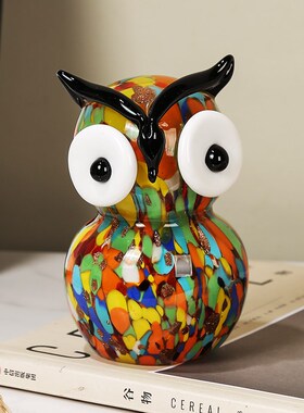 彩色猫头鹰动物琉璃艺术可爱摆件设计师款客厅酒柜样板房桌面装饰