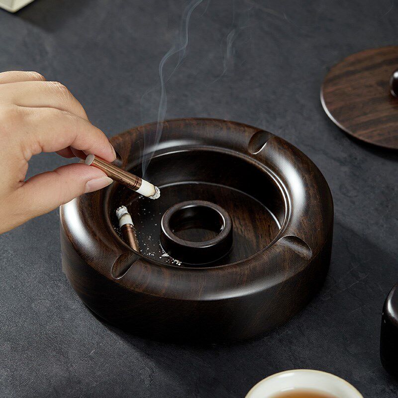 黑檀实木烟灰缸创意带盖大号中式个性防摔家用客厅办公室装饰摆件
