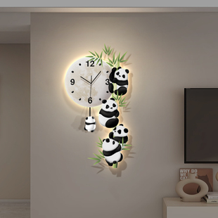 客厅熊猫摇摆挂钟装饰画电视背景墙创意led时钟挂墙餐厅钟表挂画