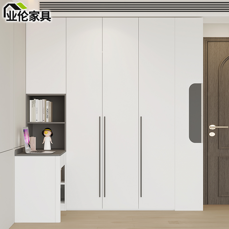 奶油风转角书桌衣柜家用卧室电脑桌书架一体写字学习桌37