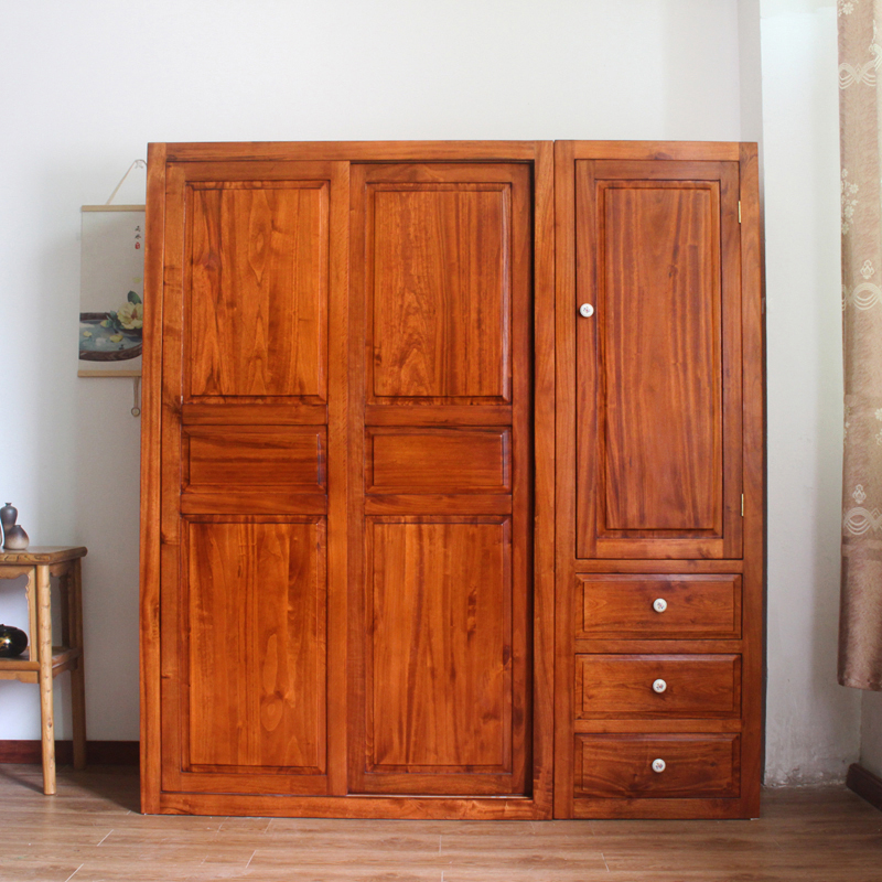 现代简约香樟实木衣柜推拉门滑动1.2 1.8m米长宽小户型挂衣橱整装