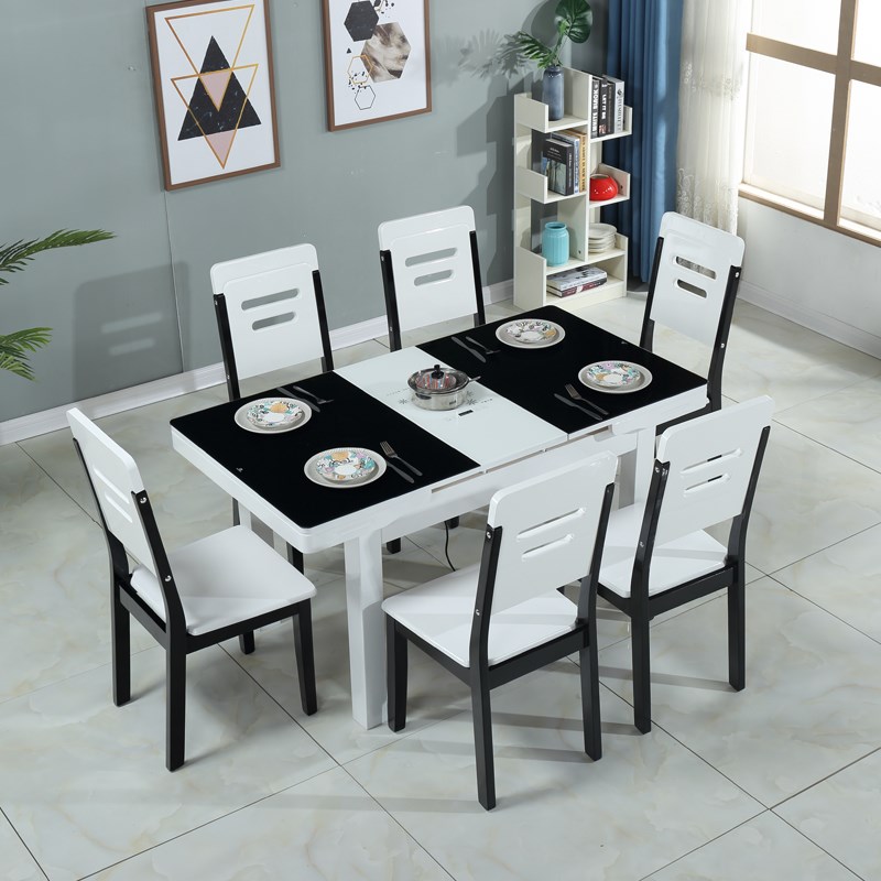 小户型桌椅组合钢化玻璃实木伸缩餐桌简约现代家用餐厅客厅饭桌子