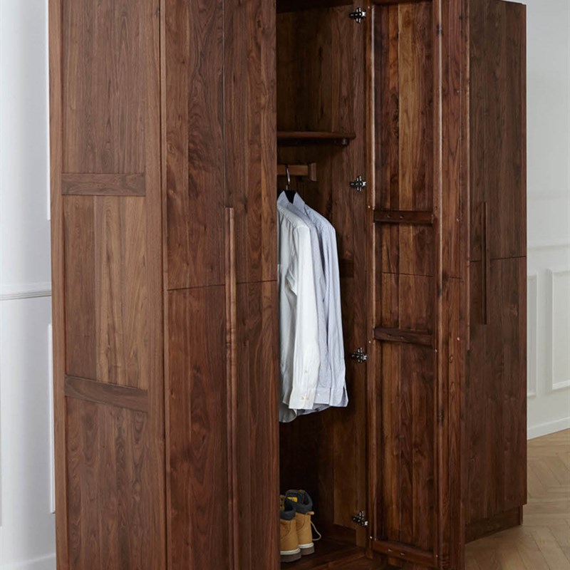 全实木衣柜黑胡桃木门平开大衣橱简约现代原木橡木卧室衣柜定制