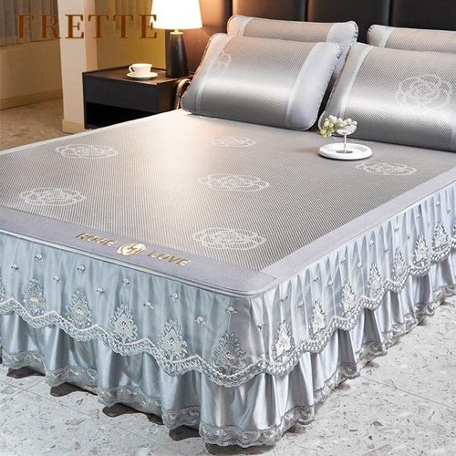 高端夏季冰丝凉席床裙款冰藤席三件套可机洗2025新款夏天空调席子