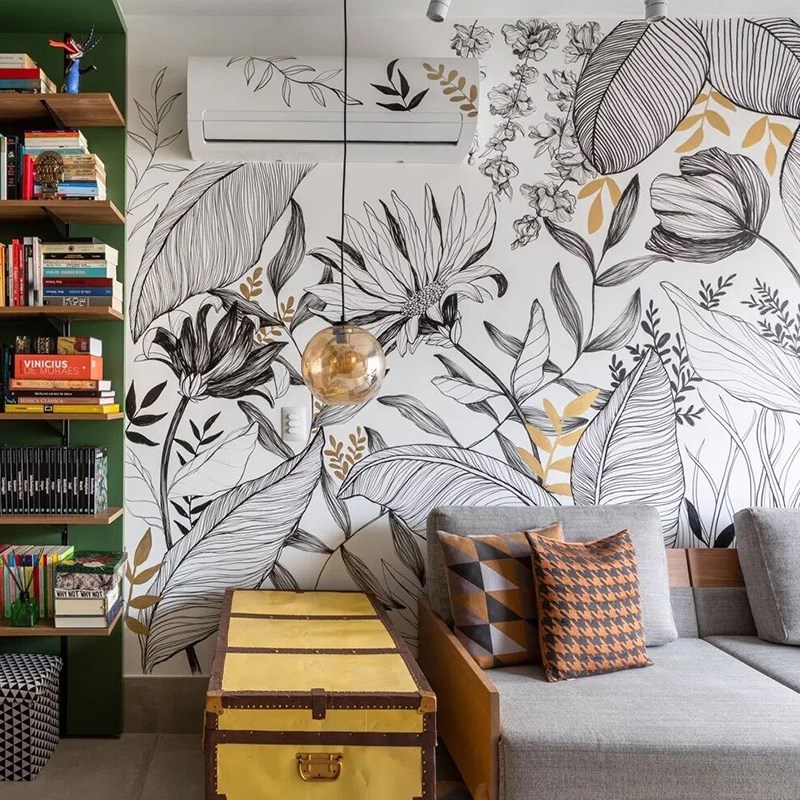 抽象线描热带雨林植物黑白壁画客厅素描餐厅背景酒店民宿墙纸壁布